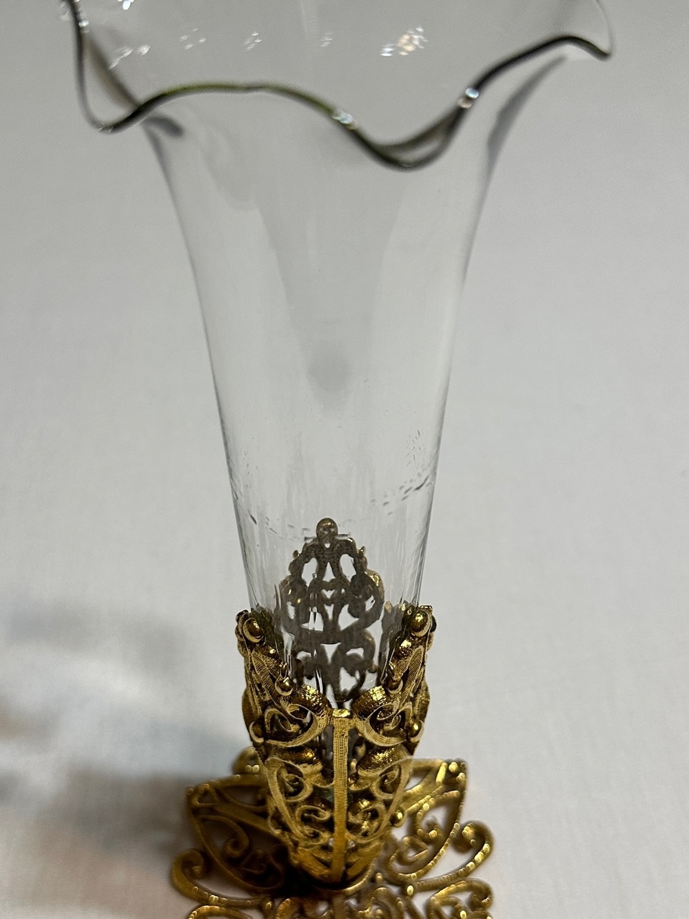 Ornate Gold Filigree Clear Glass Bud Vase